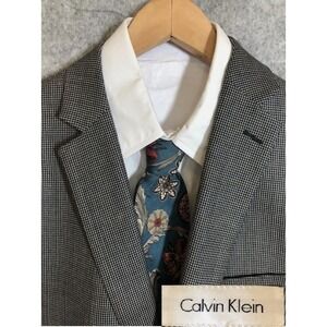 Calvin Klein Blazer 44R Black 100% Wool Silk Micro Check Suit Coat Jacket Casual